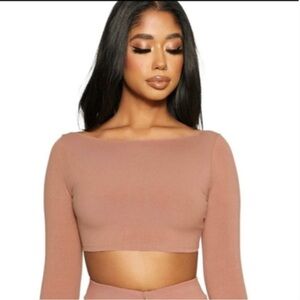 Naked Wardrobe Snatched Up Sexy Ribbed Long Sleeve Nude Crop Top Brown